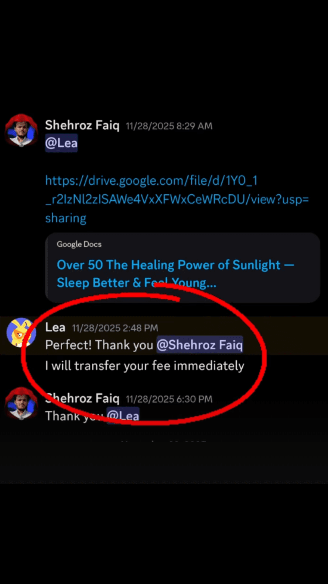 Lea's Discord review: Perfect! Thank you. I will transfer your fee immediately.